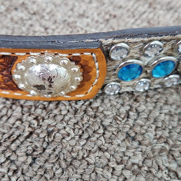 Vtg 1994 Double J Saddlery Bling Horsehair Leather Belt Silver Floral Buckle 32 main image 5